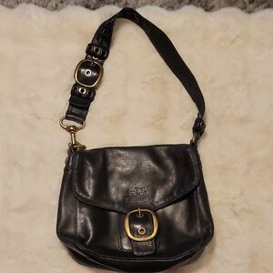 Coach Dark Leather Bleeker Legacy Tatterall Shoulder Bag with Gold Buckle